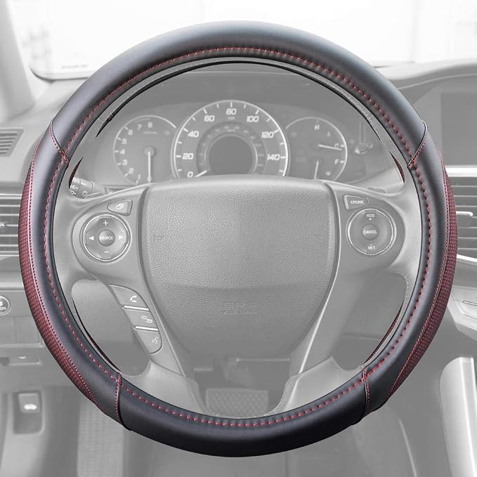 Wine Steering Wheel Cover - Dotted Comfort Polyester Grip on Stitched Synthetic Leather, Wine Stitching/Black