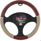 Dark Wood Grain Car Steering Wheel Cover, Standard 15 inch with Beige Faux Leather Grip, Made to Fit Most Auto Truck Van SUV