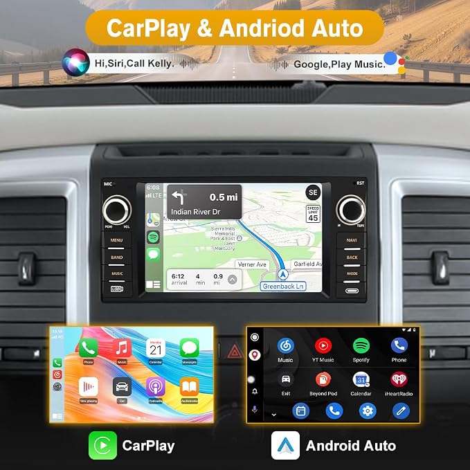 Car Radio Stereo for Dodge Ram 1500 2500 3500 2009 2010 2011 2012 Avenger Challenger 2008 2009 2010 2011 2012 2013 2014, 7 Inch Touch Screen with Wireless CarPlay Android Auto Backup Camera