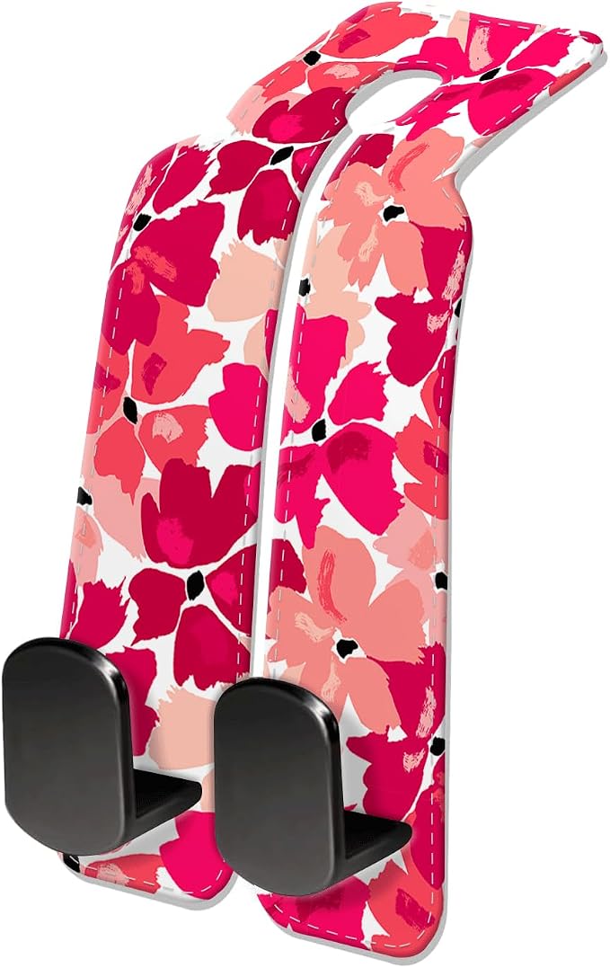 Car Seat Headrest Hook, Universal Leather Cute Hanger Holder Hook, Storage Organizer Interior Accessories for Purse Bags Handbag Cute Pink Flowers