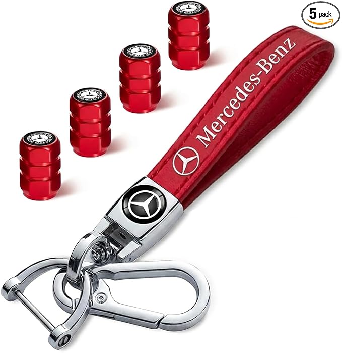 5pcs Car Keychain and Car Tire Valve Stem Caps Combo Compatible with Mercedes Benz C E S M Serie CLK GLK GLC GLS GLE,Key Chain Keyring Accessories-bc-red