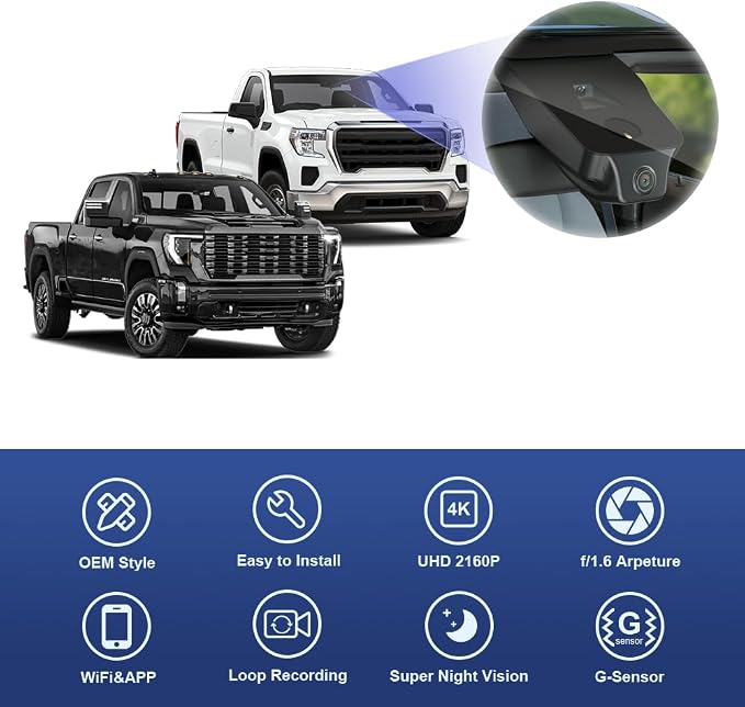 4K Dash Cam Suitable for GMC Sierra 1500 2500HD 3500HD (HD2-6272, Count The Vents) 2020-2026, OEM Look, UHD 2160P Video, WiFi & APP, Loop Recording, G-Sensor, Plug & Play, 2 Cables/64GB Card