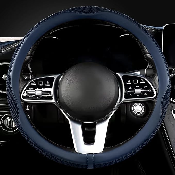 Car Steering Wheel Cover, Universal 15 inch, The Latest Microfiber Leather Breathable Technology Fabric, Non-Slip, Comfortable, Warm in Winter and Cool in Summer, Blue