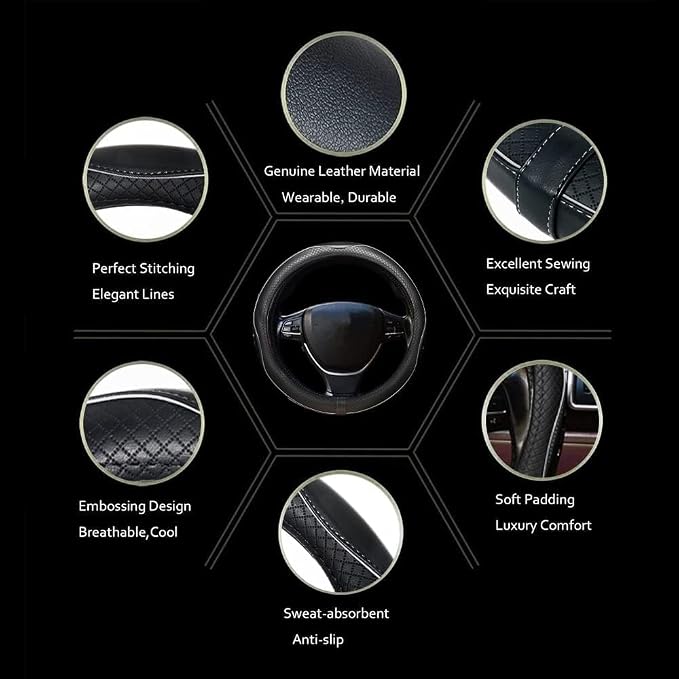ESEWALAS Universal Car Steering Wheel Cover,Anti-Slip Leather Steering Wheel Cover,Sports Style Steering Wheel Protector,Car Interior Accessories Auto Steering Wheel (Black with White)