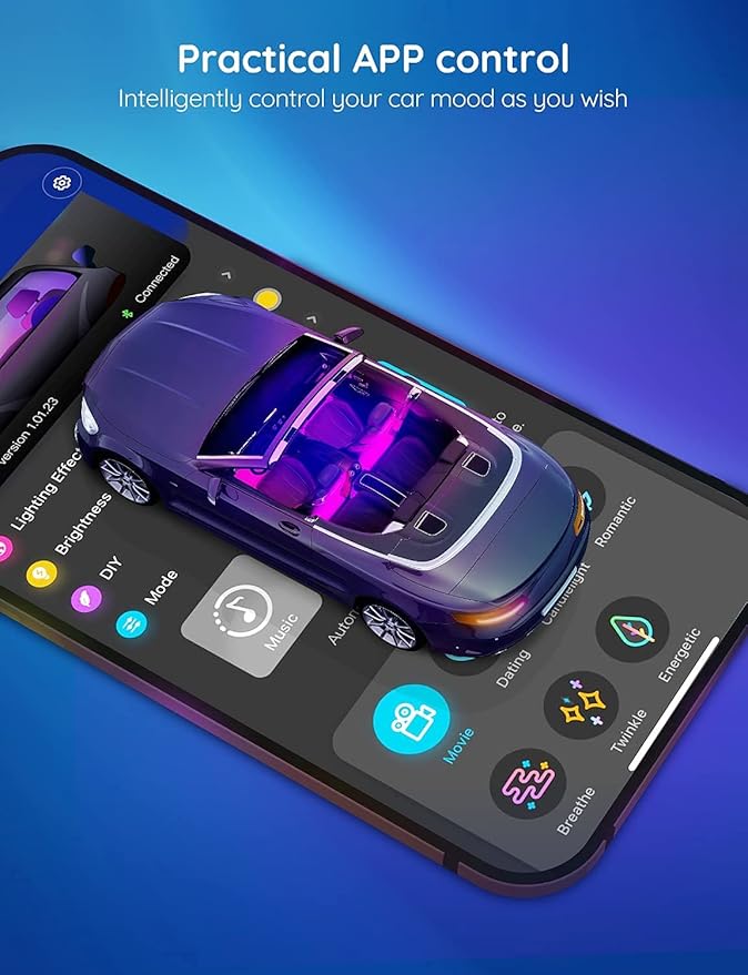 Car LED Lights, RGB Smart Car Interior Lights, App Control | DIY Mode and Music Mode, 2 Lines Design LED Lights for Cars with Car Charger, 12V