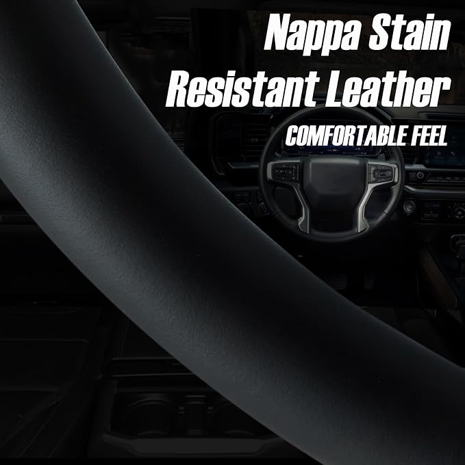 Leather Steering Wheel Cover for Chevy Silverado 1500 2500 3500, 14.5-15 inches Car Steering Wheel Cover with Non-Slip Breathable (Bright Silver)