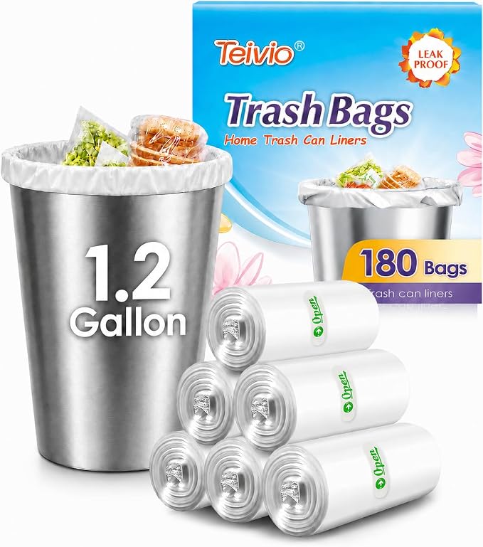 1.2 Gallon 180 counts Small Clear Trash Bags 5 Liter Garbage Bags by, Bathroom Trash Can Bin Liners, Plastic Bags for home office kitchen, Clear
