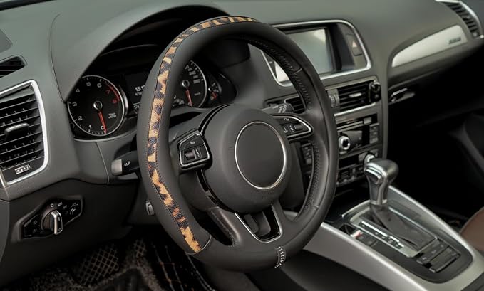 Steering Wheel Cover, Made with Breathable Microfiber Leather and Leopard Fabric, Universal 14.5-15 inchs for Most Automotive Steering Wheel,Cheetah Print, Black