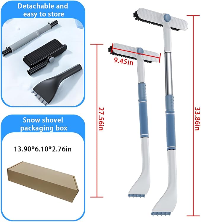 Mandark Car Windshield Snow Brush and Ice Scraper, Detachable Extendable Vehicle Snow Removal Tool with Ergonomic Foam Grip, Auto Window Scraper Accessories, Universal for SUV, Truck, RV (White)