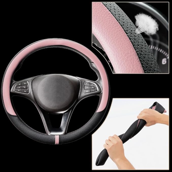 Breathable Car Steering Wheel Cover 16 inch Auto Universal Leather Wrap Non-Slip Steeringwheel Protector Automotive Interior Accessories, Pink (Suit for 15.5-16 inch)