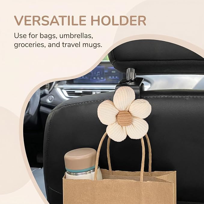 2PCS Car Seat Headrest Hook, Cute Flower Vehicle Backseat Purse Handbag Storage Hanger, Floral Auto Seat Back Holder Hook for Coat Umbrella Grocery, Universal for Vehicles (Beige)
