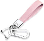 Genuine Leather Car Keychain,Universal Heavy Duty Metal Key Chain Accessories,Car Fob Key Keychain Holder with 360 Degree Rotatable Snap Swivel and Anti-Lost D-Ring for Men Women(Light Pink)