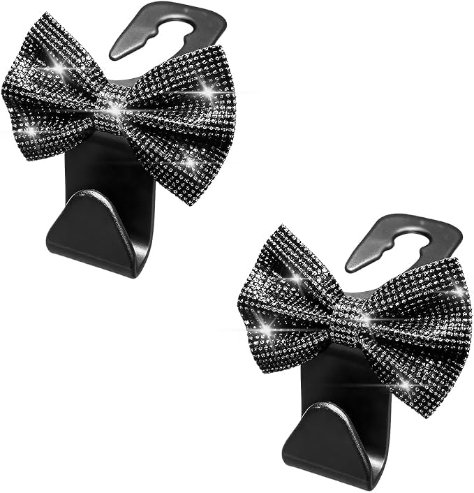 2PCS Bling Bow Car Seat Headrest Hooks, Crystal Rhinestone Vehicle Rear Seat Hanging Storage Hooks for Purses Bags Coats, Auto Headrest Storage Organizer, Universal Fit (Black)