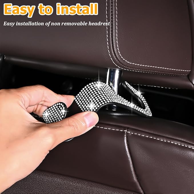Zpana 4PCS Bling Car Seat Headrest Hooks, Vehicle Back Seat Purse Handbag Hanging Holder with Crystal Rhinestone, Diamond Storage Organizer Hook, Universal Automotive Accessories (Black/Blue)