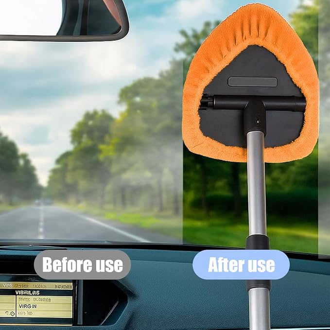 Car Windshield Cleaner Tool, Vehicle Window Detailing Cleaning Kit with Extendable Handle & 4 Washable Microfiber Pad, Auto Glass Wiper Cleaner for Exterior & Interior, Universal Fit (Orange)