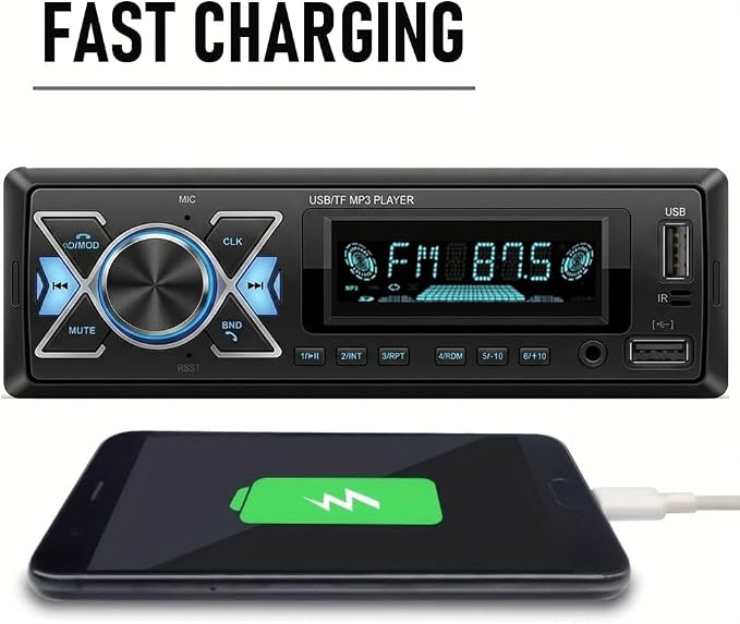 Single DIN Car Radio Headunit Bluetooth Stereo Audio for Handsfree Calling,Phone Charging, FM/ MP3/TF Card/AUX/Time,Dual USB,7 LED Colors