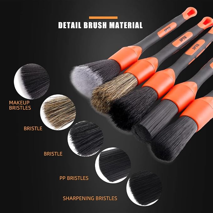 Car Detailing Brush Set, 5 Pack Soft Boar Hair Auto Detail Brush Kit with Elbow for Automotive Elegant Surface Interior Exterior Dashboard Emblems Panels Engine Bay Wheels Air Vent Seat Leather