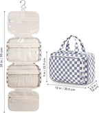 Travel Toiletry Bag for Women Large Hanging Makeup Bag Organizer Toiletries Bag for Full Size Essentials Accessories Cosmetics (Grayish Blue Checkerboard (Large))