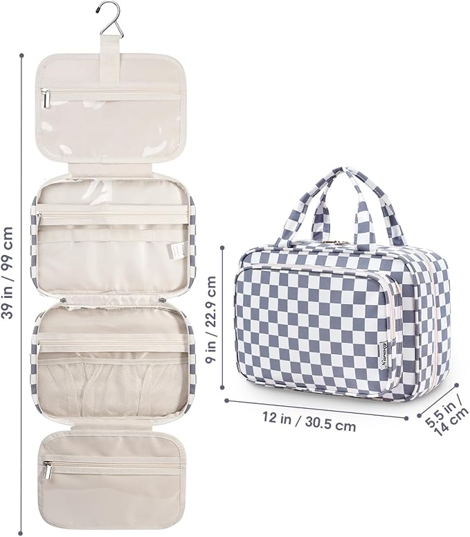 Travel Toiletry Bag for Women Large Hanging Makeup Bag Organizer Toiletries Bag for Full Size Essentials Accessories Cosmetics (Grayish Blue Checkerboard (Large))
