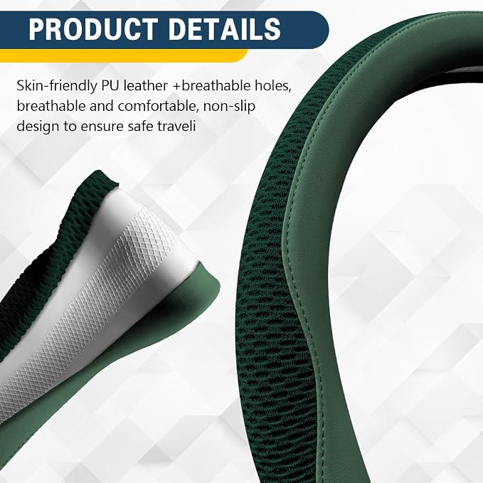 Car Steering Wheel Cover, Steering Wheel Accessories, Universal 15 Inch Microfiber Breathable LCE Silk, Car Accessories Breathable Anti-Slip Protector Universal for SUV Sedan Truck (Green)