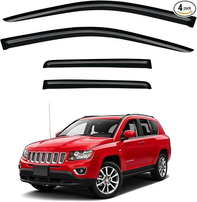Window Visor for 2007-2016 Jeep Compass, Out-Channel Rain Guards Shields Vent Deflector Shade Wind Dark Smoke 2008 2009 2010 2011 2012 2013, Tape-On Outside-Mount, 4PCS