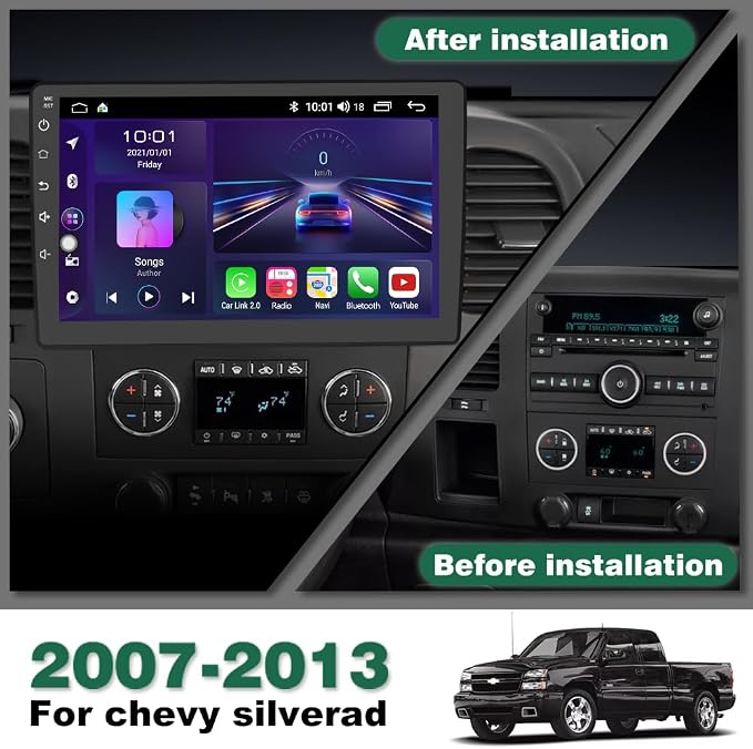 4Core 64GB ROM Car Radio Stereo for Chevy Chevrolet Silverado 2007-2013 Tahoe Equinox GMC Sierra Yukon with Android 13 CarPlay Android Auto Bluetooth 5GHz WiFi