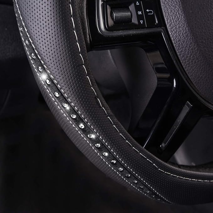 Bling Diamond Black Leather Steering Wheel Cover, Studded Crystal Rhinestones Universal Fit 14" 1/2-15" Glitter for Women Sparkle Girl Fit Suvs,Vans,Sedans,Car,Trucks, Silver Diamond