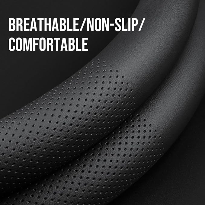 Leather car Steering Wheel Cover, Ultra-Thin, Comfortable, Non-Slip, Breathable, Universal 15 inches (Black)