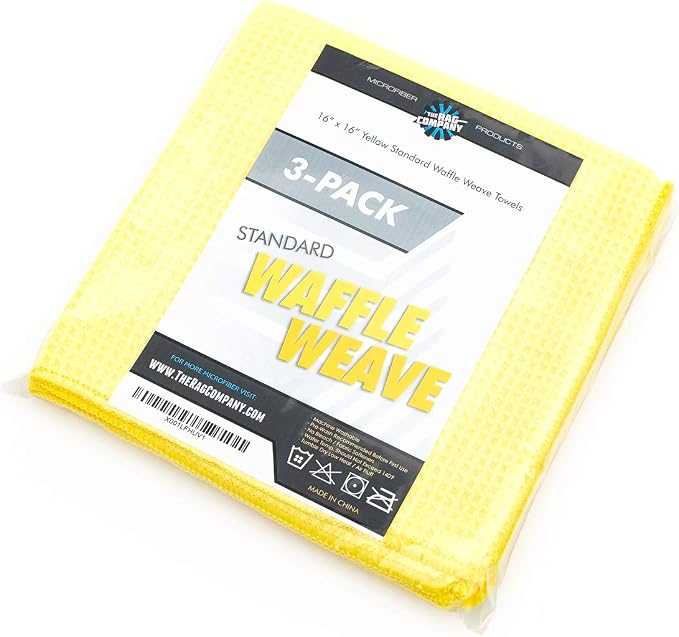 Standard Waffle Weave Microfiber Towels (3-Pack) Detailing, Window, Glass and Drying, Wax & Polish, Lint-Free, Streak-Free, 370gsm, 16in x 16in, Yellow