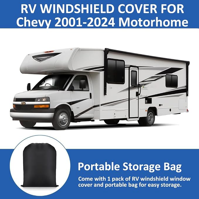 RV Windshield Cover for Chevy 2001-2024 Motorhome, RV Windshield Window Snow Cover for Ice and Snow RV Front Window Sunshade Cover Block UV Ray Heat, RV Accessories with Mirror Cutouts Silver