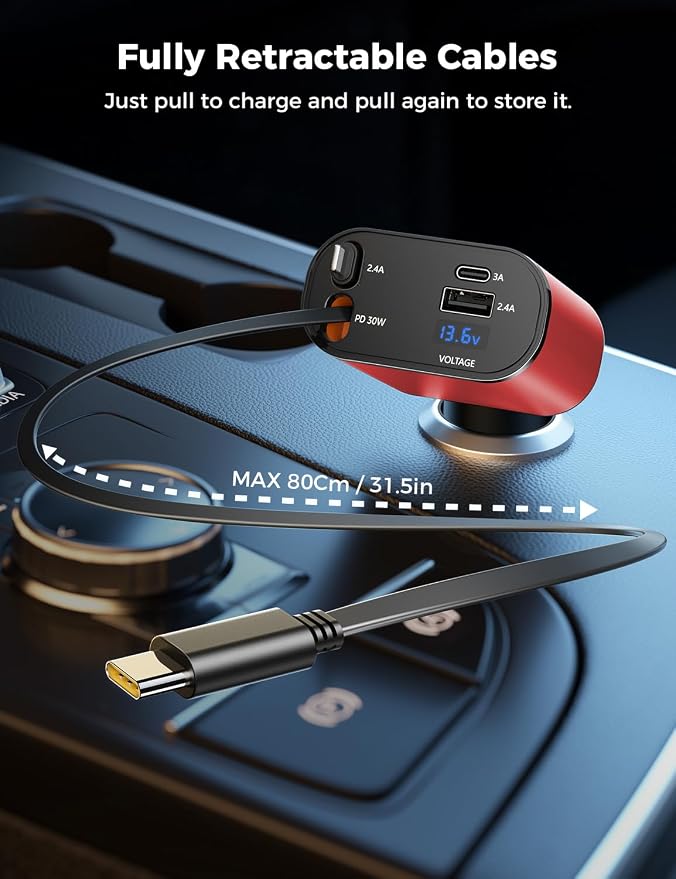 【Upgraded】 Retractable Car Charger 4 in 1, Fast Car Phone Charger with Cord 2.6ft, USB C and Apple Car Charger Adapter, Compatible with iPhone 17/16/15/15 Pro Max/14/13/12/11, Galaxy, Pixel
