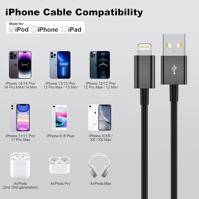 Car Carplay Cable, 6FT USB A to Lightning Cable Compatible for iPhone 14 13 12 11 Pro Max XR XS X 8 7 6 Plus SE iPad Charger Car Charging Cord (Black)