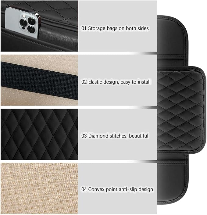 Arm Rest Cover for Car,Leather+Memory Foam Center Console Cover with Storage Bags,Universal Middle Console Cover Car Accessories Interior for Most Car Center Consoles (Black)