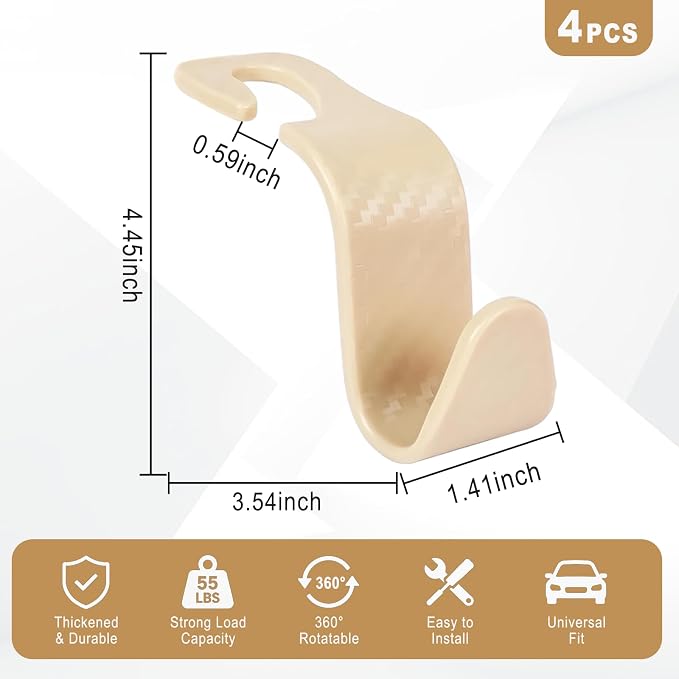 Car Seat Hooks for Headrest 4 Pack, Car Seat Back Storage Hook, Universal Vehicle Headrest Hanger for Purse, Handbag, Coat, Umbrella, Grocery Bags, Practical Interior Accessories