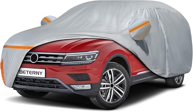 Car Cover for 2007-2026 VW Tiguan SWB, Waterproof Custom-fit All Weather Sun Rain UV Dust Snow Protection Outdoor Tiguan Full Car Cover with Door Zipper and Cotton Lining-Grey