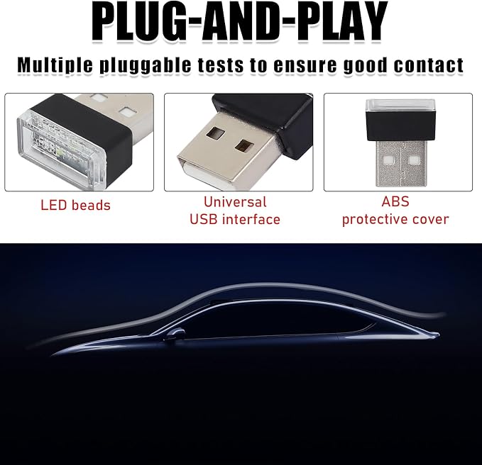 5 PCS USB LED Car Interior Atmosphere Lamp, Portable Mini LED Night Light, Plug-in USB Interface Trunk Ambient Lighting Kit, Universal Interior Car Accessories (Blue+Red+Ice Blue+White+Purple)