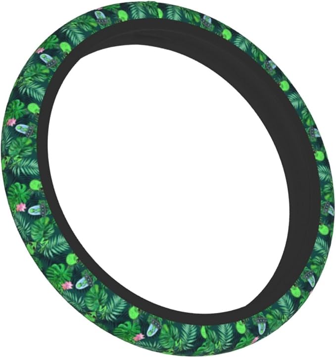 Alien Palm Leaf Flower Spaceship Steering Wheel Cover Car Accessories Cute for Women Girls Girly Universal 15 Inch Neoprene Auto Interior Decor Anti Slip Car Truck Protector