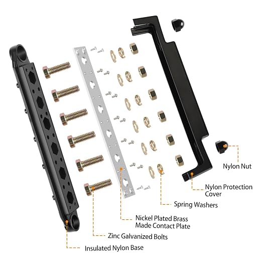 Power Distribution Block Bus Bar, 6 x 3/8" Posts, 10 x #8 Screws Terminals, Max 48V 250A (Pair, Red & Black)