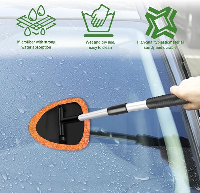 Windshield Cleaning Tool, Car Window Cleaner with Extendable Long Handle and 4 Washable Reusable Microfiber Pads, Auto Interior Exterior Auto Glass Wiper for Windshield, Universal for Cars (Orange)