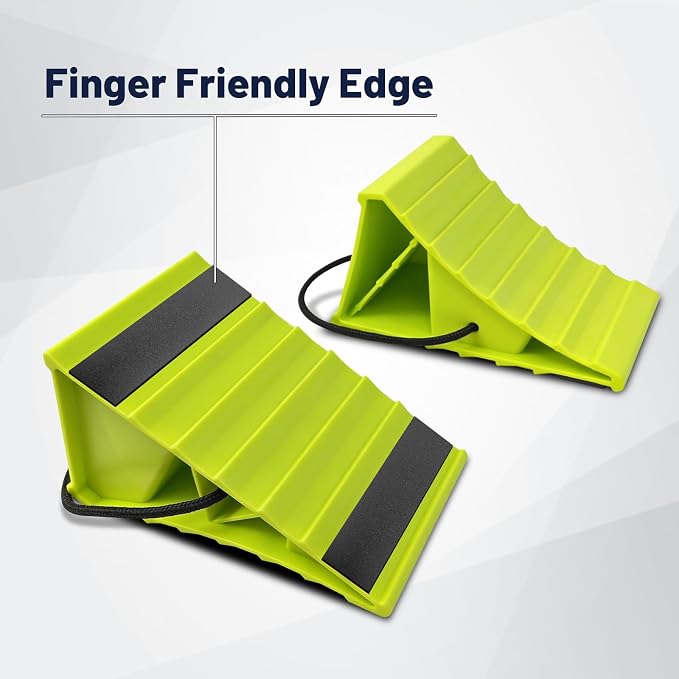 2 Pair Wheel Chocks for Travel Trailers, Non Slip Heavy Duty Green Wheel Chock with Rope, Lightweight Wheel Stoppers for Cars Campers Trucks RVs, Easy to Carry & Suitable for Most Tyre Sizes