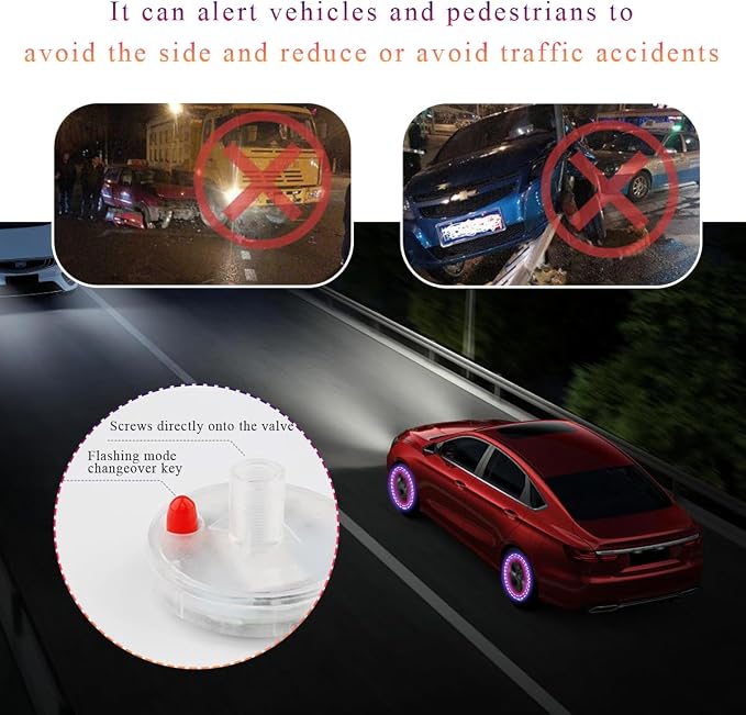 Wevdn 4 PCS Car Tire Wheel Lights, Colorful Solar LED Tire Valve Cap Lamp with Motion Sensor, Waterproof Flash Valve Stem Caps Lights for Cars, Truck, Bicycles, Motorcycles (4 PCS)