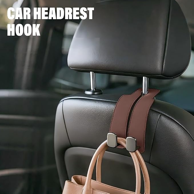 2026 New Car Seat Headrest Hooks for Purses and Bags - Support Car Headrest Hooks for Purses and Bags Coat, Leather Car Bag Purse Holder with Double Hooks (Brown-4PC)