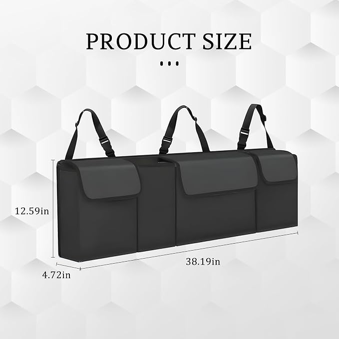 Car Trunk Organizer, Waterproof Collapsible Cargo Bag with 4 Pockets,Backseat Hanging Large Storage with Adjustable Straps, Sturdy Space Saver Frees Trunk Floor for SUV, Truck (Black)
