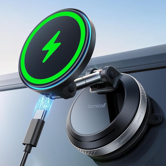 15W for MagSafe Car Mount Charger - [70 LBS Strongest Suction] Magnetic Wireless Car Charger, Suction Cup Phone Mount, Vacuum Magnetic Phone Holder Car Mount for iPhone 17 Pro Max 16 Silver
