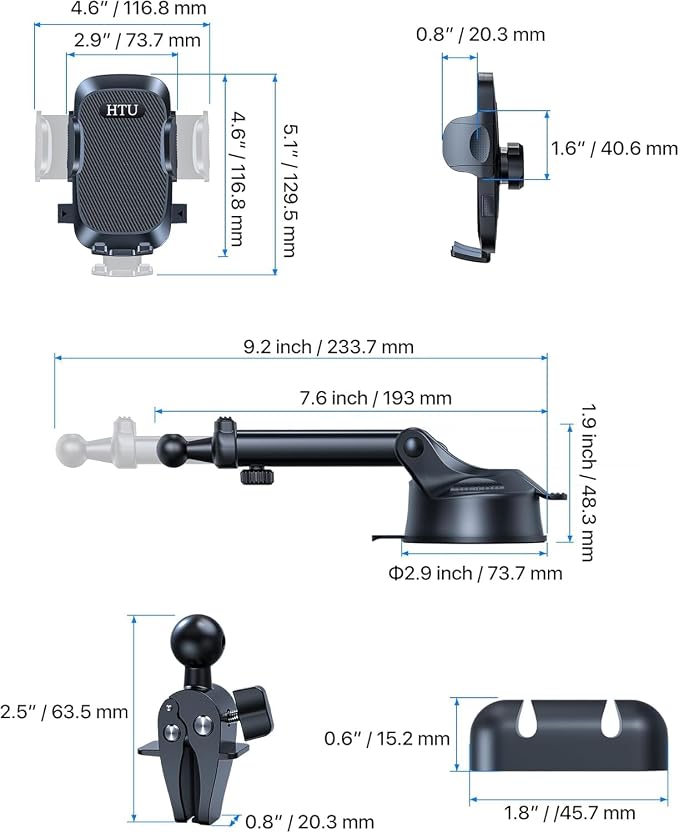 HTU Car Phone Holder【2026 Upgraded 100+LBS Suction & Safety Cert】 Cell Phone Car Mount for Truck Heavy Duty Phone Holder for Dashboard/Windshield/Vent for iPhone 17 16 Pro Max, Dark Black