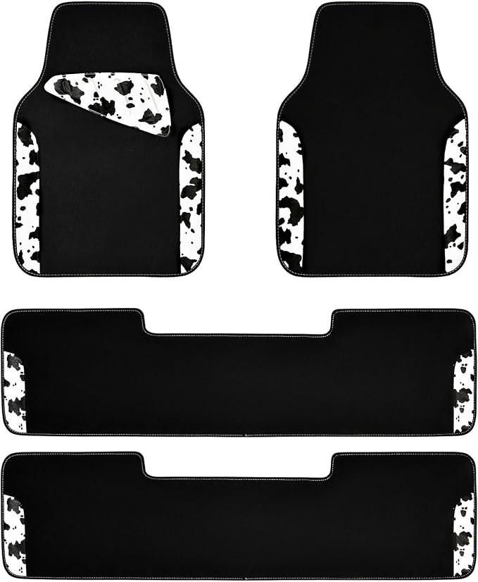 Waterproof Universal 3 Row Car Floor Mats, Cow Print Car Mats Fit for SUV,Vans,sedans, Trucks,Set of 3 Row Vehicles Car Carpet with Heel Pad and Nibs Backing, Cute Women Girly (Black White)