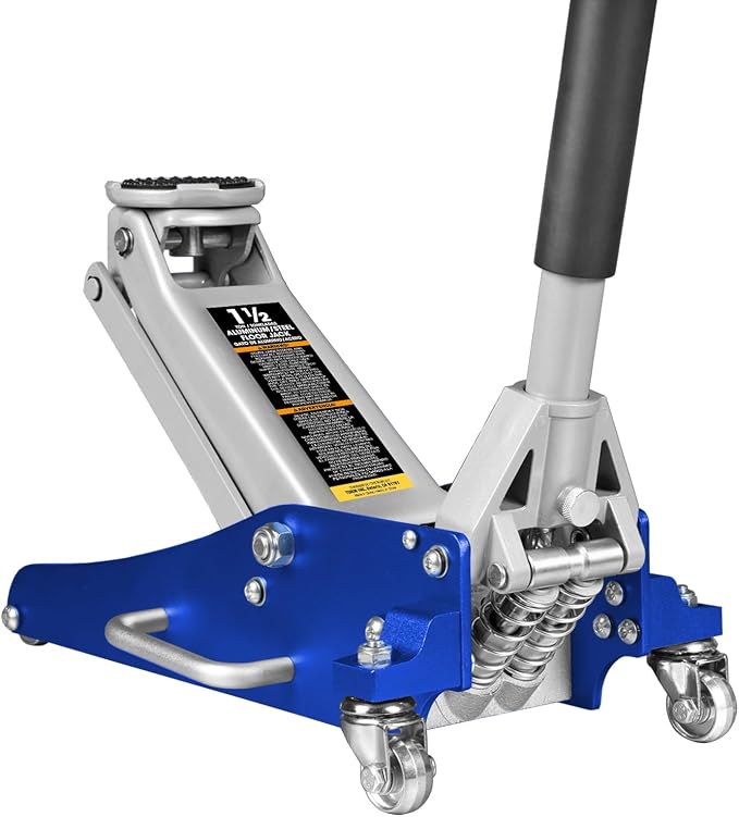 T815016L Torin Hydraulic Low Profile Aluminum and Steel Racing Floor Jack with Dual Piston Quick Lift Pump, 1.5 Ton (3,000 lb) Capacity, Blue, T815016L