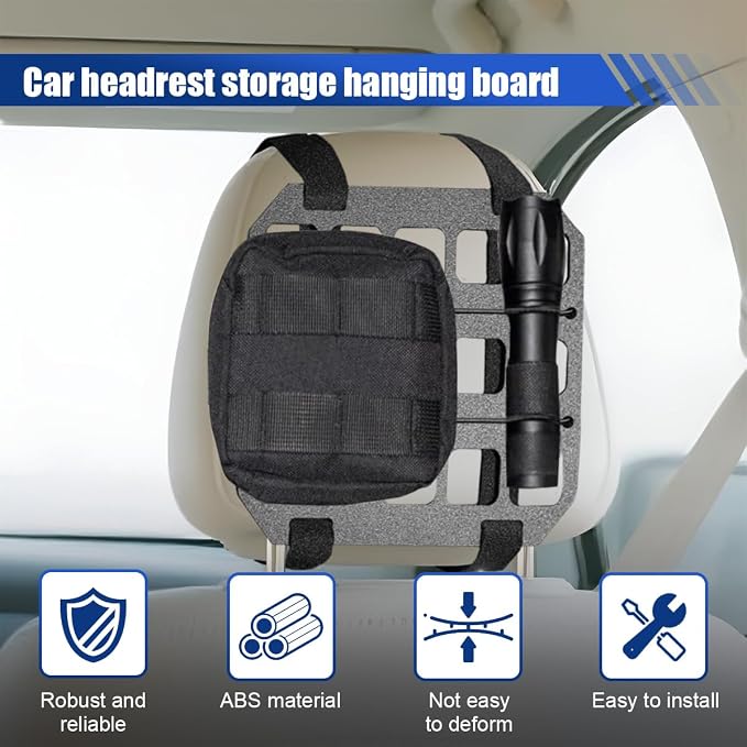 Vehicle Rigid MOLLE Panel, Headrest Organizer EDC Pouch Tool Holster, Tactical Gear Seat Back Rack Truck Equipment Mount Plate, Auto Interior Modular Storage Shelf Accessory(Backrest)