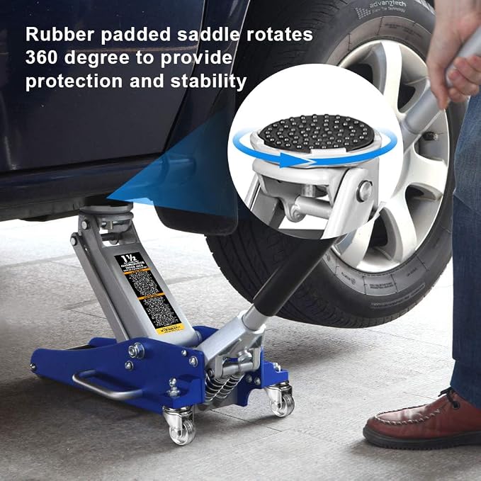 T815016L Torin Hydraulic Low Profile Aluminum and Steel Racing Floor Jack with Dual Piston Quick Lift Pump, 1.5 Ton (3,000 lb) Capacity, Blue, T815016L