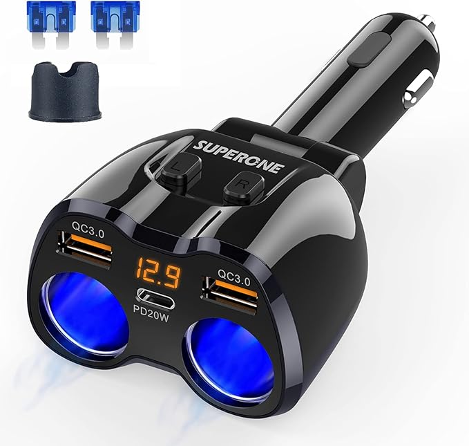 [2026 Upgraded] Cigarette Lighter Splitter, 180W 2-Socket Cigarette Lighter Adapter with Dual QC3.0 and 20W PD USB C Car Charger Splitter for GPS/Dash Cam/Laptop/iPad/iPhone 17/16/15/14/13/12